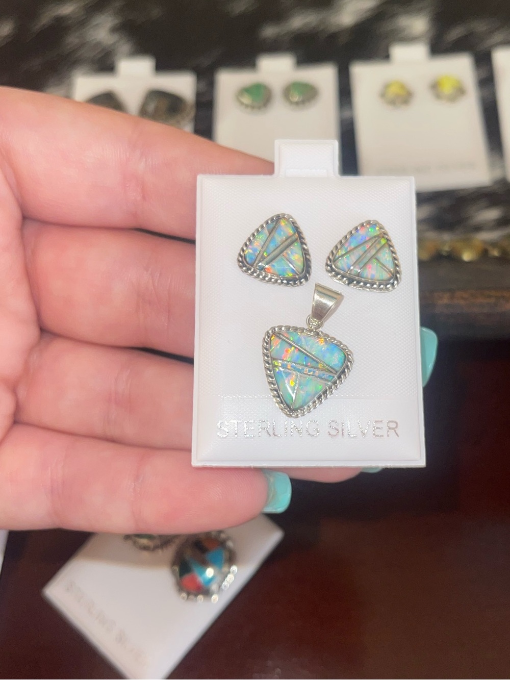Sterling Silver Opal Inlay Triangle Pendant & Stud Earrings Set